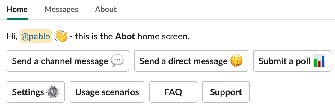 Abot app home screen buttons.